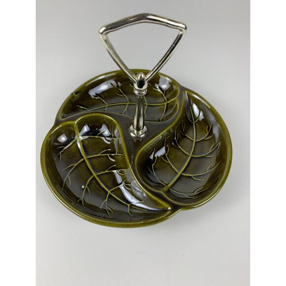 Royal Haeger Green Divided Serving Dish Handle Leaf Pattern 849-H Vintage READ - Picture 1 of 7